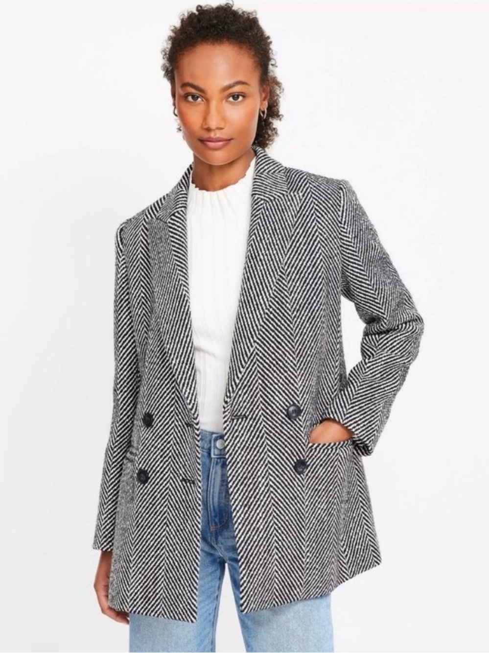 NWT LOFT Oversized Double Breasted Blazer Jacket Black/White Herringbone 4 Wool